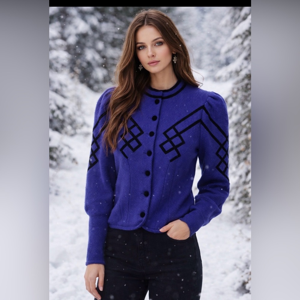 *Vintage 80’s - wool, mutton sleeves Purple Cardigan with Black velvet